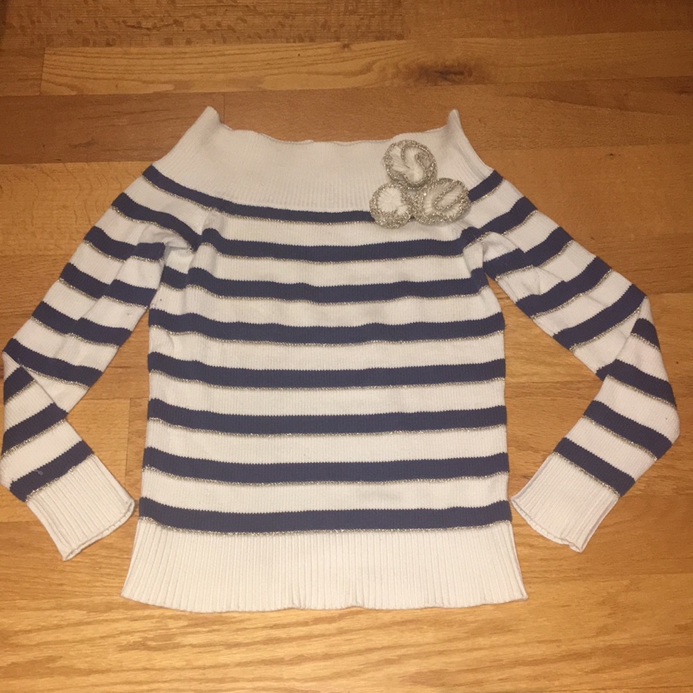 Lilly Pulitzer White & Navy Striped Off-Shoulder Sweater Floral Applique- sample